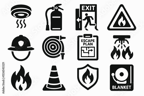 Emergency safety icons: fire extinguisher, smoke alarm, exit sign, fire blanket