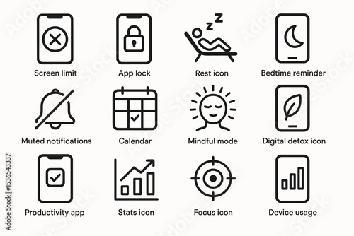 Minimalist icons for digital wellness and productivity apps