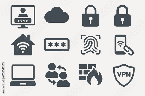 Cybersecurity icon set: vpn, firewall, cloud, lock, password, fingerprint, wifi