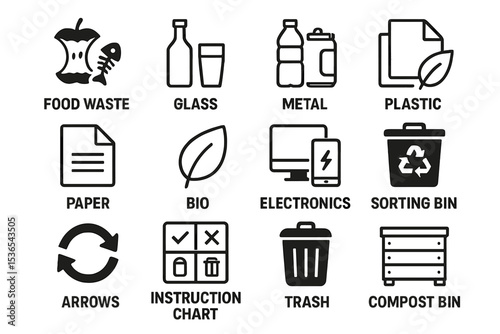 Recycling bin icons displaying waste types including plastic, metal, glass, paper, electronics, and compost