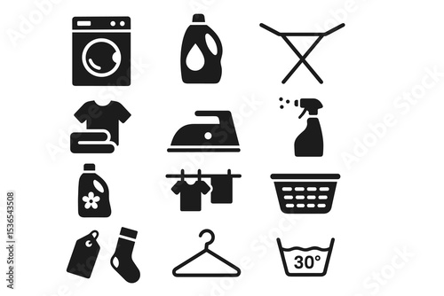 Laundry icons set: washer, detergent, iron, laundry basket, hanger, clothesline
