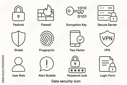 Data security icons: padlock, firewall, fingerprint, vpn, encryption key