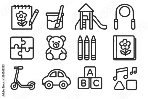 Monochromatic children's toys and activities icon set on black background