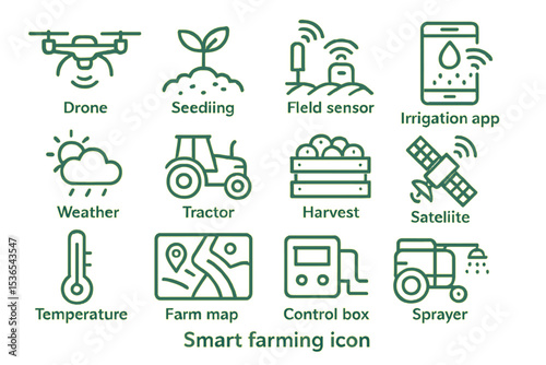 Smart farming icons: drone, seedling, irrigation app, tractor, satellite, harvest, sprayer
