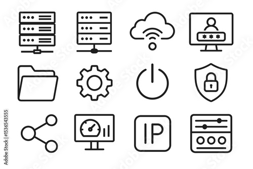 Network and security icon set featuring servers, cloud, and security symbols