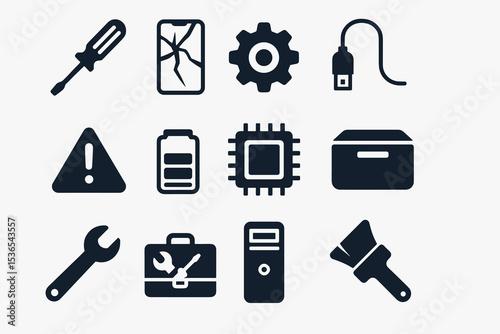 Icon set: tools and technology symbols for repair and maintenance