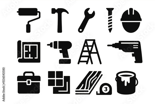 Wallpaper Mural Construction tools icons: hammer, drill, hard hat, blueprint, paint can, tape measure Torontodigital.ca