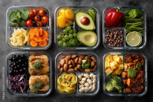 Healthy balanced meal prep with vegetables, fruits, nuts, and proteins


