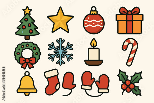 Festive christmas icons: tree, star, ornament, gift, wreath, candle, and more