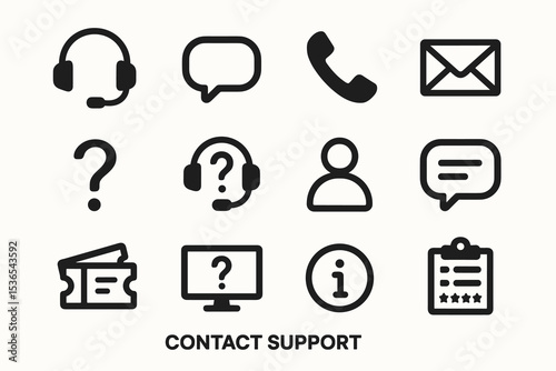 Contact support icons set: headset, message, phone, email, question, information