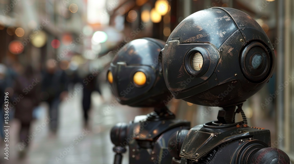 Fototapeta premium Two steampunk robots in a city street