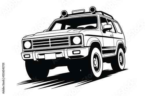 Off-Road Car in Comic Book Style, Detailed Monochrome Vector of a 4wd Vehicle, On White Bg
