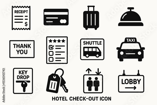 Hotel check-out icons including luggage, shuttle, taxi, key drop, and payment symbols