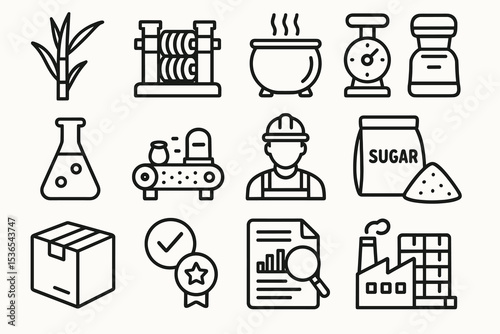 Sugar production line icons: factory equipment and process steps