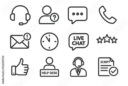 Customer support icons: headset, chat, email, call, live, help, review, script