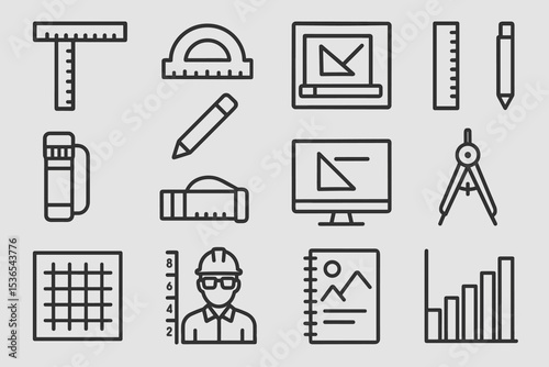 Engineering and design tools: ruler, protractor, pencil, computer, compass, helmet, graph