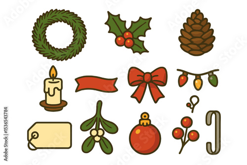 Festive holiday icons: wreath, holly, pinecone, candle, bow, lights, ornament, mistletoe