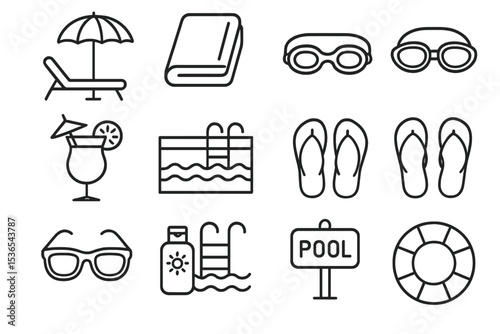 Monochrome poolside icons: sunbed, goggles, drink, pool, flip-flops, towel, suntan lotion, lifebuoy