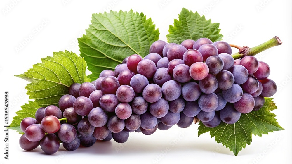 Fototapeta premium A luscious bunch of red globe grapes with vibrant green leaves