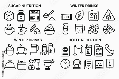Icons of sugar nutrition, winter drinks, and hotel reception essentials