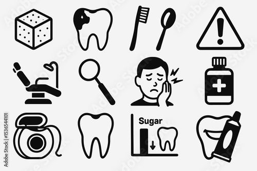 Dental health vector icons highlighting tooth decay and oral care tools