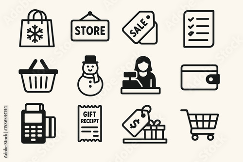 Shopping and retail icons set: snowflake bag, store sign, sale tags, checklist, basket, snowman, cashier, wallet, pos, gift receipt, price tag, cart