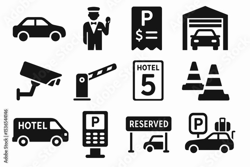 Vehicle and parking icon set featuring hotel and transportation symbols