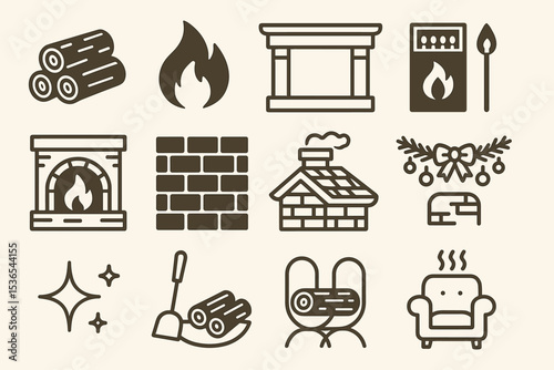 Cozy hearth symbols: fire, fireplace, wood, and more