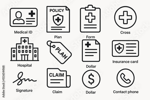 Medical icons: id, policy, hospital, claim, contact