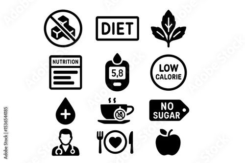 Healthy diet icons: no sugar, low calorie, nutrition, health, wellness symbols