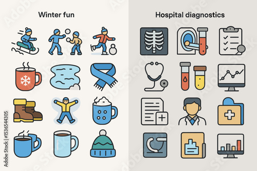 Winter fun activities and hospital diagnostics icons set