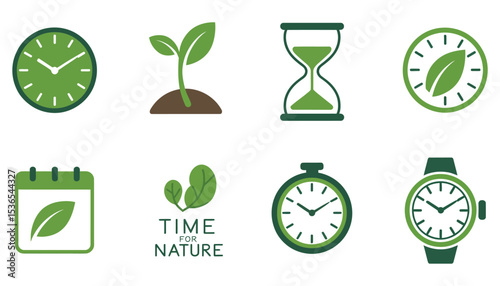 Eco energy and recycle leaf vector icon set with green plant symbols and nature clock sign illustrations
