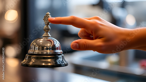 Hand ringing silver counter bell with blurry background