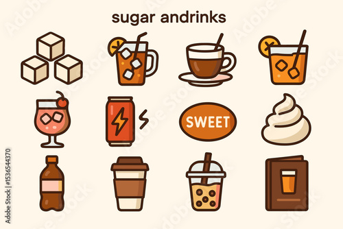 Cartoon icons of sugary drinks and sweet treats