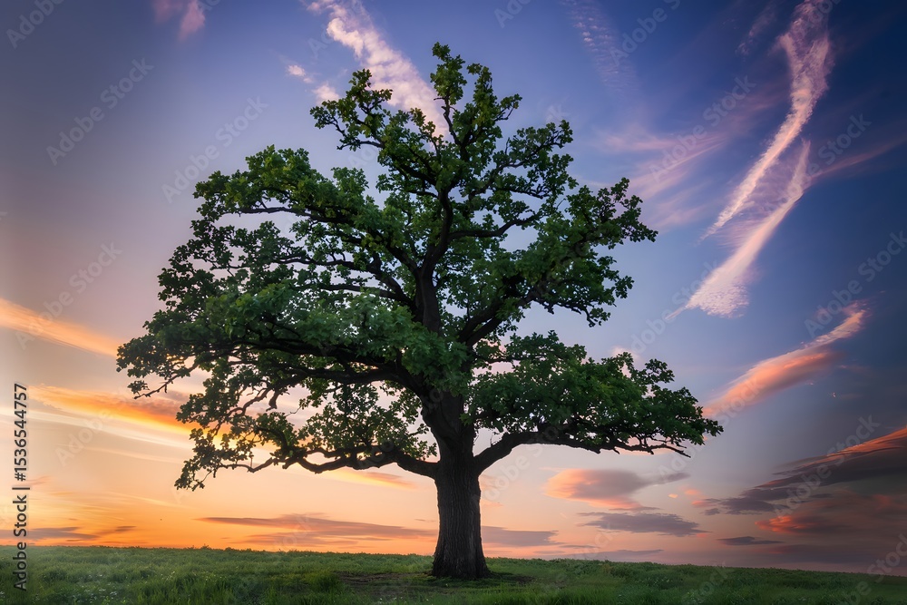 Obraz premium Majestic oak tree at sunset in a green field