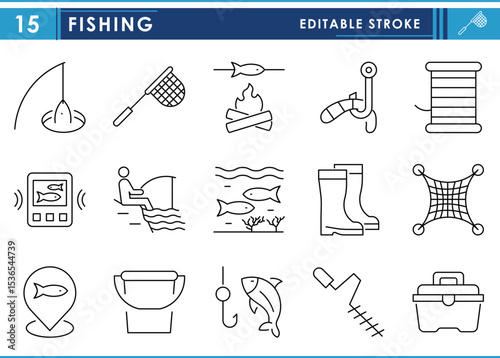 A set of line icons related to Fishing. Fish, net, trap, hook, and so on. Vector editable stroke.