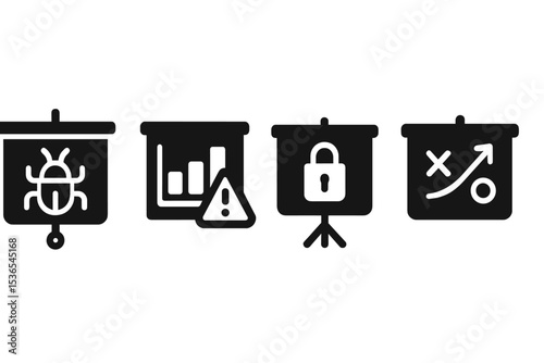 Presentation Icons Pack. Solid style icons of presentations: cyber slide, report deck, security chart, visual strategy. Solid
