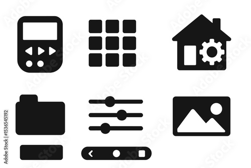 Smart Interface Icons. Solid style icons of smart interfaces: remote control screen, settings grid, toggle menu, home UI. Solid