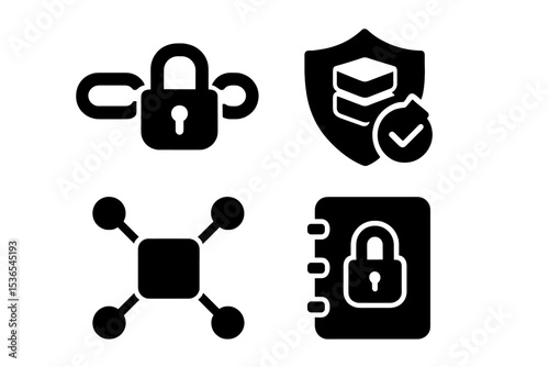 Blockchain Security Icons. Solid style icons of blockchain for cybersecurity: chain lock, transaction shield, node verification,