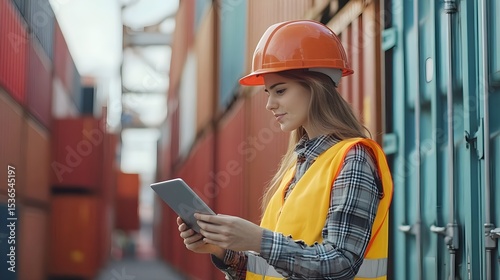 Female Engineer Using Tablet at Shipping Container Port Logistics and Import Export Industry