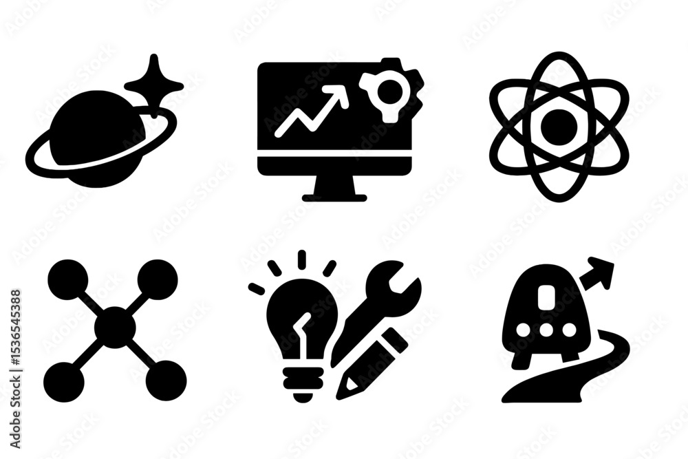 Obraz premium Space Innovation Icons. Solid style icons of space innovation: discovery spark, tech upgrade, quantum icon, next-gen module. Solid