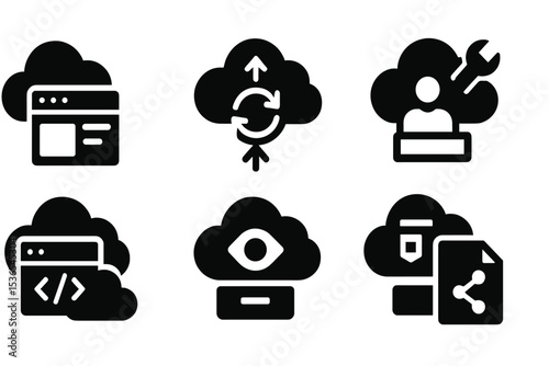 Cloud Tool Icons. Solid style icons of cloud-based tools: UI cloud, storage sync, dashboard share, remote builder. Solid style of
