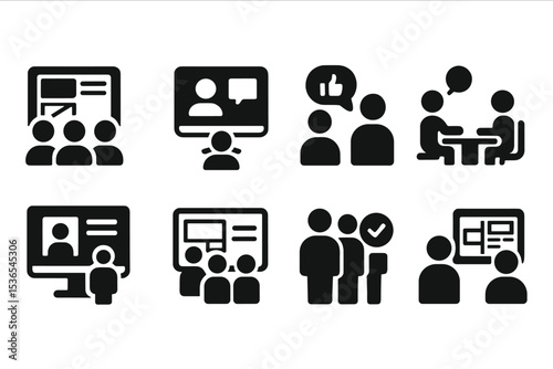UI_UX Meeting Icons. Solid style icons of UX/UI meetings: design review, UX sync call, feedback session, layout discussion. Solid