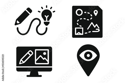 Tourism Creativity Icons. Solid style icons of tourism creativity: creative journey, itinerary art, travel design, vision marker.