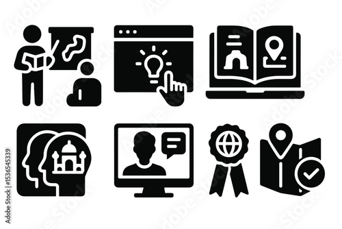 Tourism Education Icons. Solid style icons of tourism learning: travel course, tips module, destination study, e-learning tab.