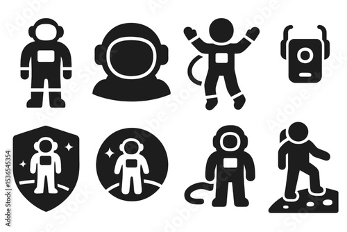 Solid Astronaut Icons. Solid style icons of astronauts: space suit icon, helmet face, EVA arms, life support unit. Solid style of