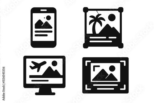 Tourism Icons Solid Style. Solid style icons of tourism design: visual layout, app UI, destination graphics, design frame. Solid
