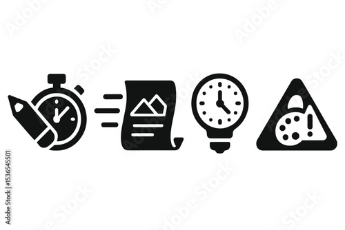Deadline Icons. Solid style icons of creative deadlines: design timer, sketch rush, concept clock, art alert. Solid style of