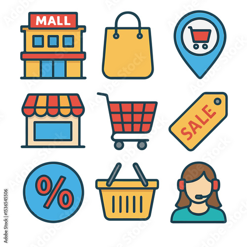 Vibrant Shopping Mall Icons Retail, Sale, and Customer Service