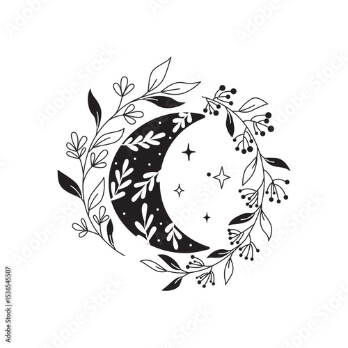 Celestial moon and abstract botanical branches.